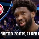 Joel Embiid reacts to dropping his first triple-double 이미지