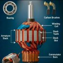 고정 계자(界磁, Field Magnet), 회전 전기자(電機子, 암어추어), 정류자(整流子, Commutator) 이미지
