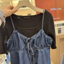 2257 | 청바지 여성 원워시 민소매 리본 블라우스 스트링 뒷밴딩 와이드 YP2D0095_BBK YP2D2257_BBK 착샷 후기