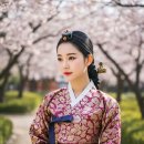 금빛 자수 자주색 한복 이미지