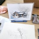 힐링수채화 & 펜드로잉 | 눈 내린 한옥 펜 드로잉 수채화, 취미 미술반에서 탄생한 겨울동화전 출품작