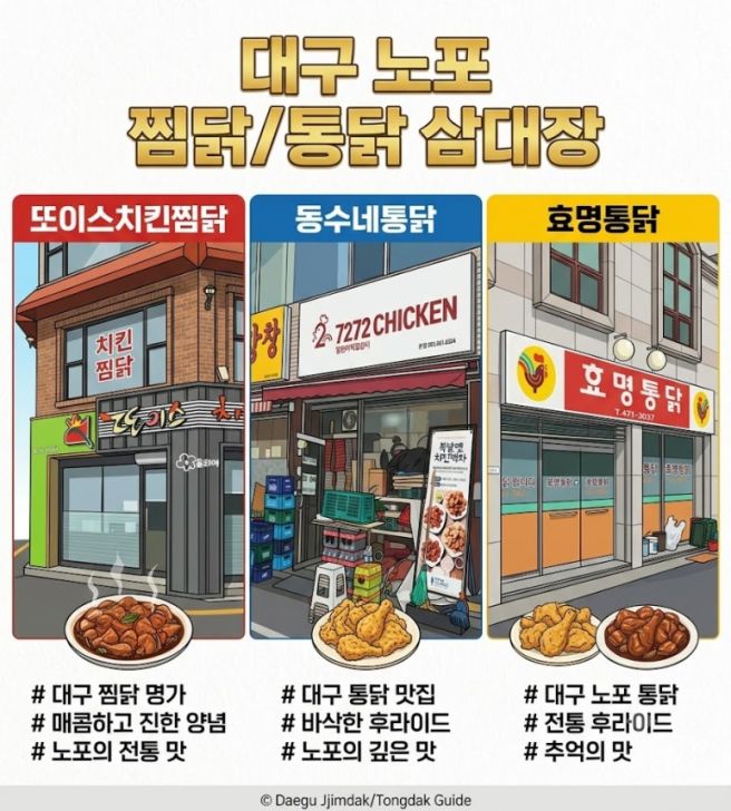 대구 노포 찜닭 맛집 성지순례! 대명동 또이스치킨찜닭, 평리동 칠리 동수네통닭, 봉덕동 효명통닭